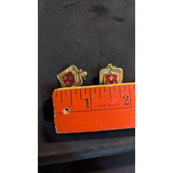Vintage Fleur-De-Lis Red & Gold Clip-On Earrings Shield Motif Retro Jewelry - Picture 5 of 6